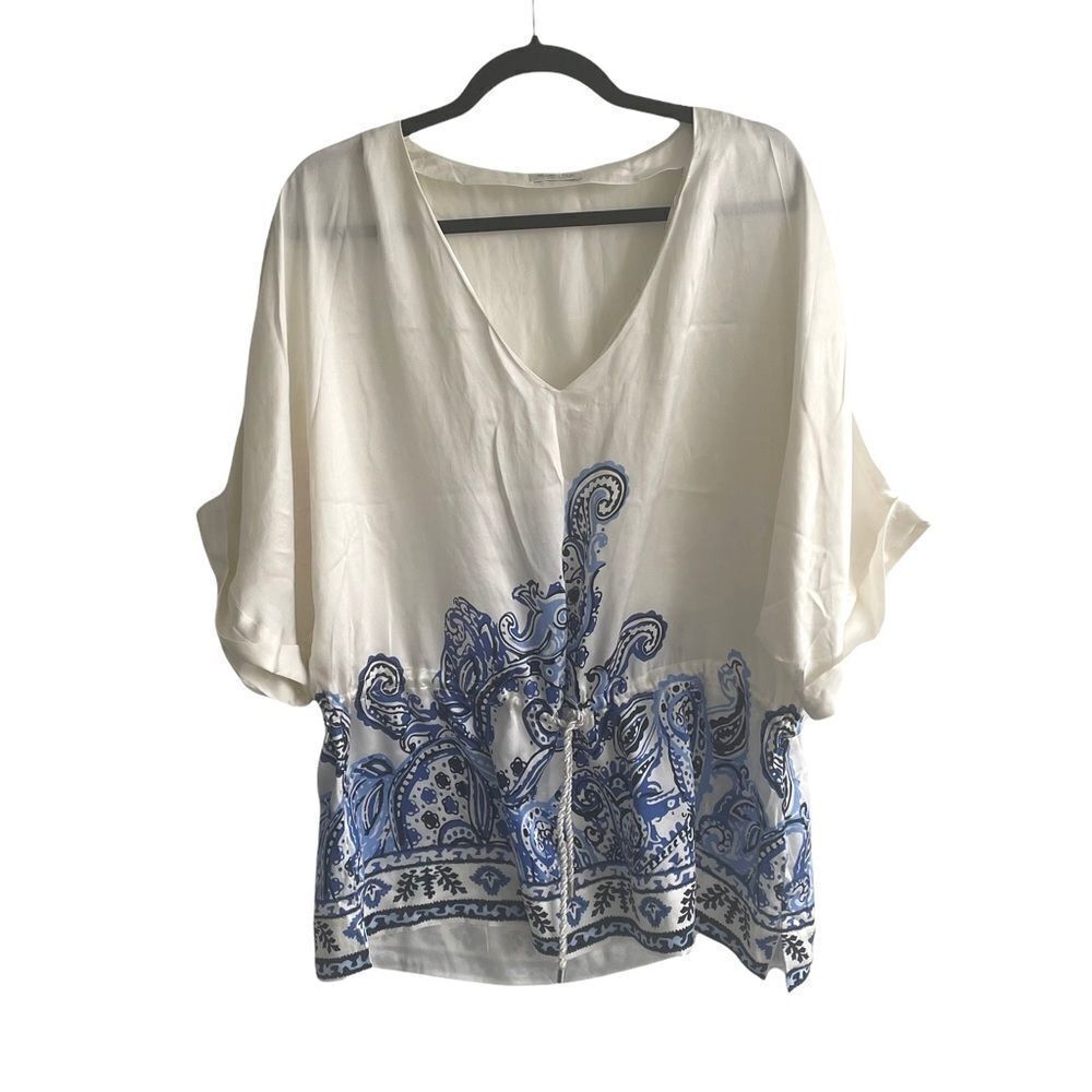 MASSIMO DUTTI Boho Print Silk Oversized V-Neck Blouse Ivory Blue 36